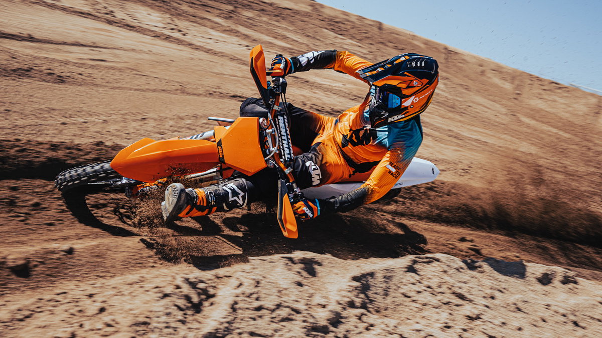 2023 KTM 300 SX mid-corner. - KTM Media.